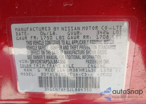 2018 Nissan Versa 1.6 Sv from USA, damaged, VIN 3N1CN7AP3JL884350